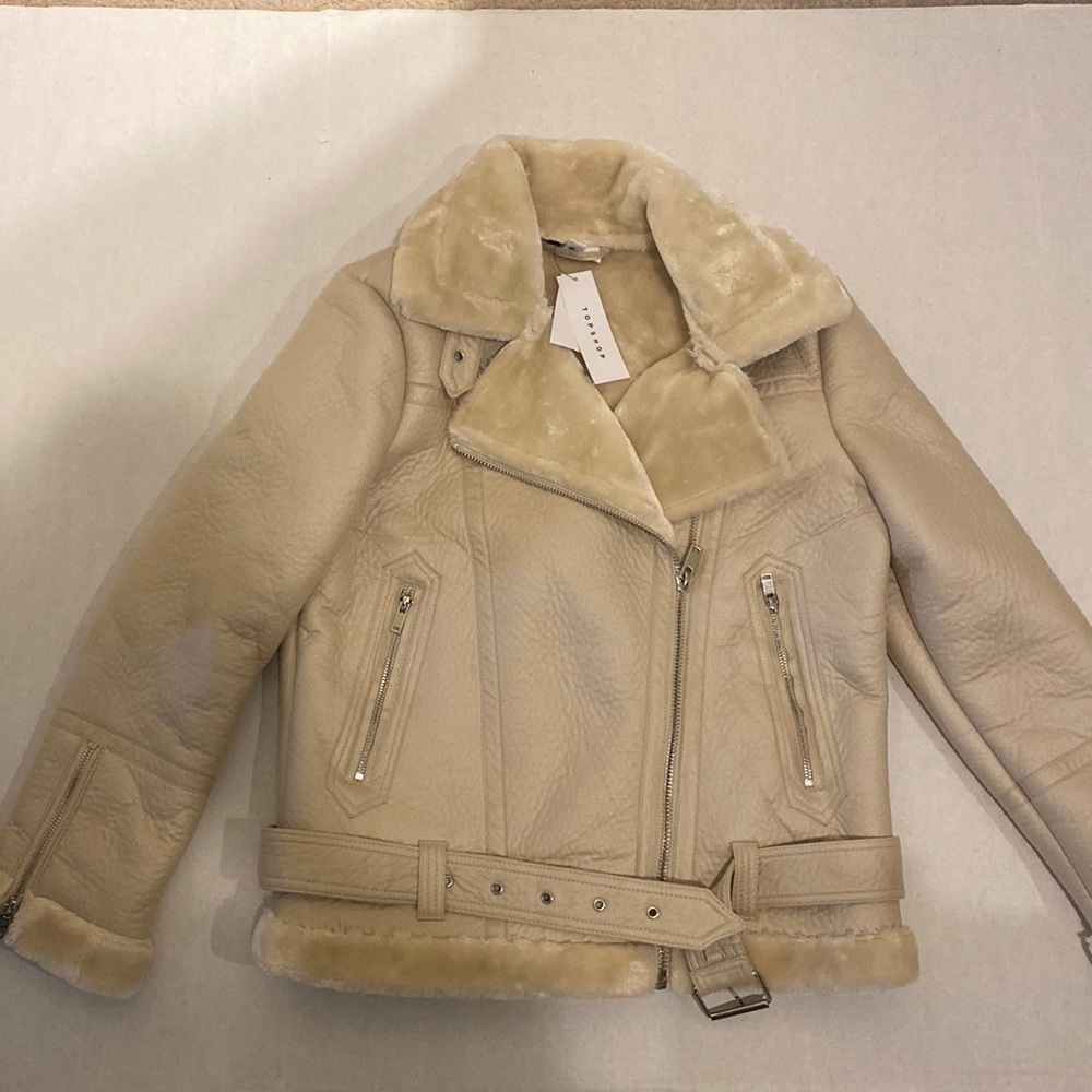 Topshop Cream Shearling-Lined Faux Leather Biker Jacket